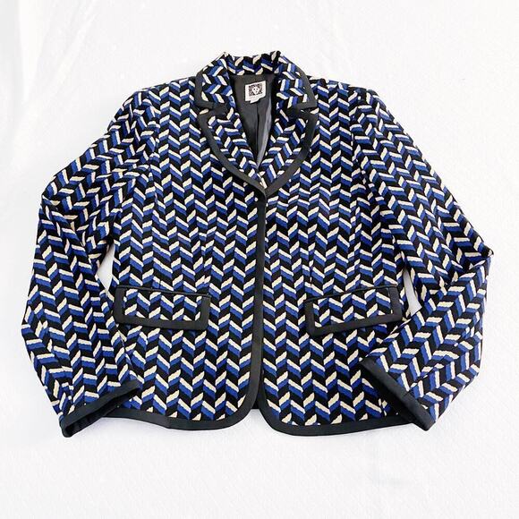Anne Klein Chevron Printed Suit Blazer Blk White Blue SZ10 - Picture 2 of 7